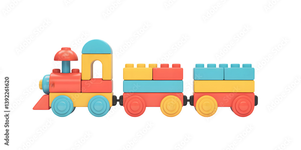 Naklejka premium Colorful Toy Train: A charming toy train, meticulously crafted from vibrant building blocks, offers a delightful glimpse into the realm of play, creativity, and childhood amusement.