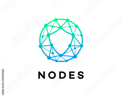 Modern logo concept featuring interconnected nodes forming a circular letter O. Abstract design with a blue and green gradient, ideal for technology brands.