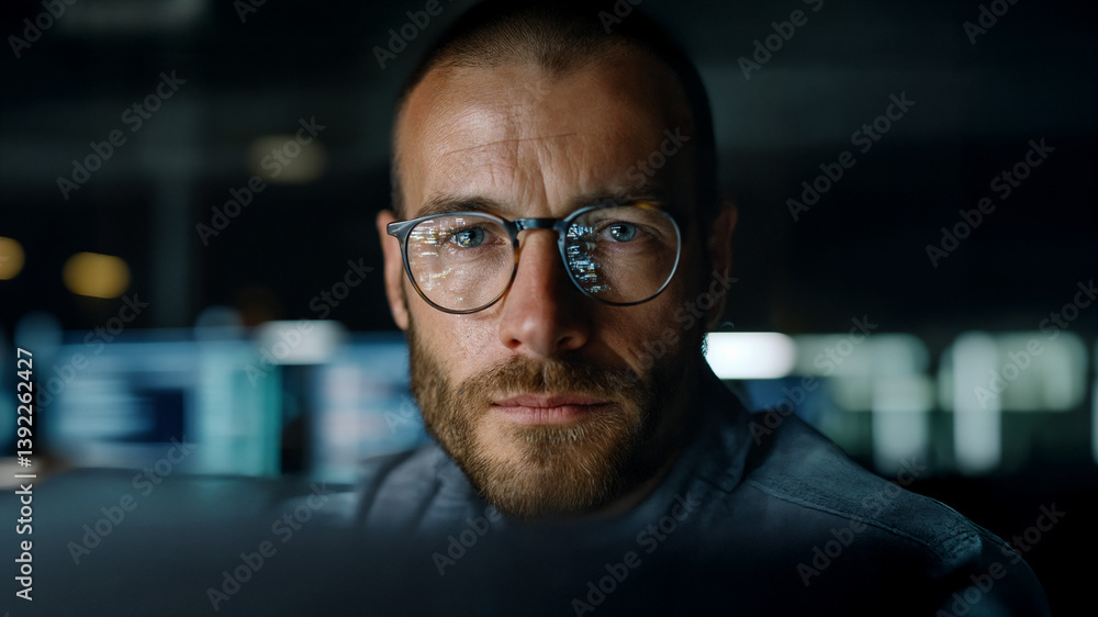 Intense close-up portrait of a bearded IT analyst working in a dark office at night, reflecting digital data and code on his glasses – Generative AI Intense close-up portrait of a bearded IT analyst working in a dark office at night, reflecting digital data and code on his glasses – Generative AI
