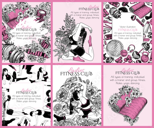 Vector set of 6 cards for women's gym. Pink pilates equipment surrounded by flowers. Girls of different nationalities and body types doing fitness. Collection of sports banners