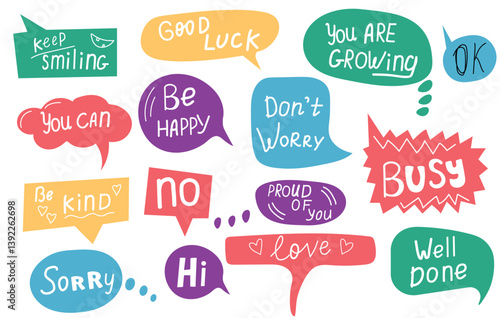 Colorful cartoon speech bubbles with encouragement words, reward. Short handwritten text. Speak balloon. Affirmation
