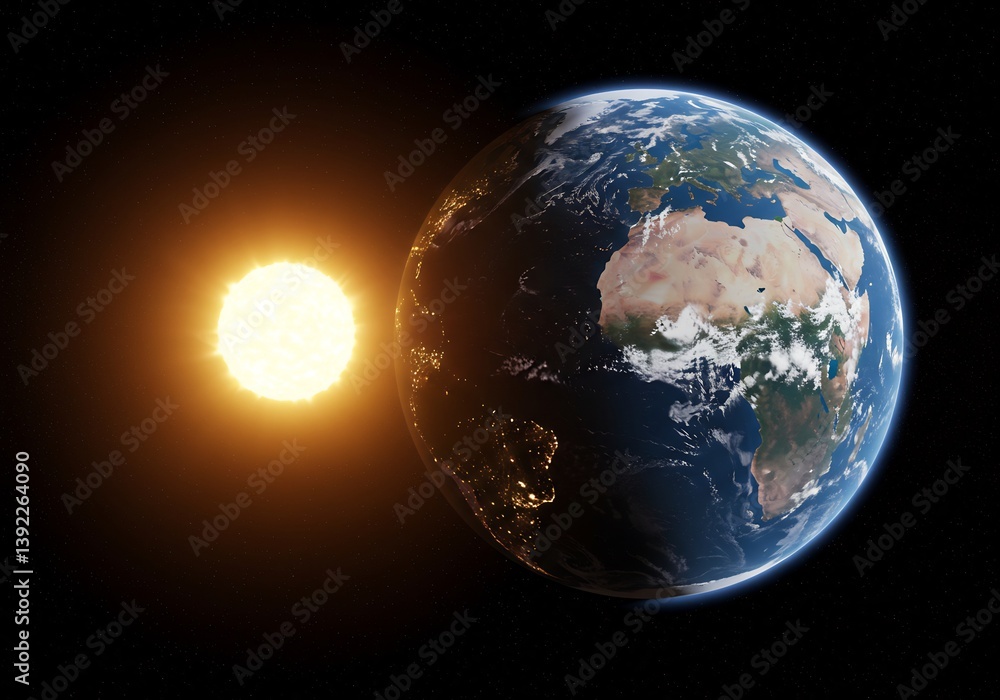 Fototapeta premium Earth and Sun Space View Warm Light. AI Generated