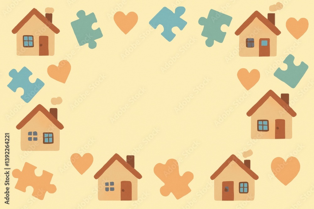 Cozy homes and puzzle heart frame on pastel background Cozy homes and puzzle heart frame on pastel background