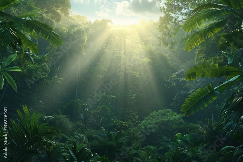 Wallpaper Mural Sunlight filters through dense foliage in a lush tropical rainforest at dawn Torontodigital.ca