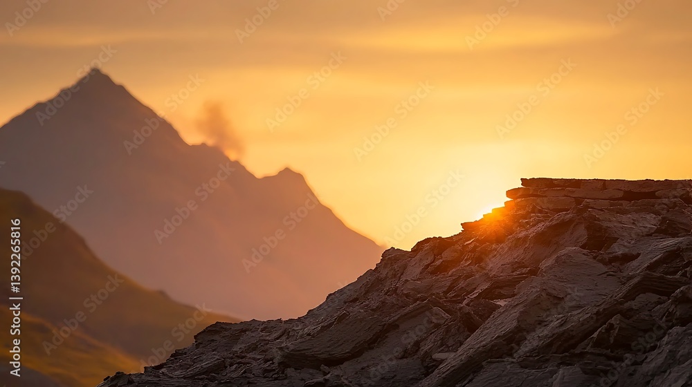 Naklejka premium Golden sunset illuminates the mountain range from behind rocky terrain. Scenic view with soft light
