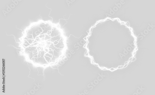 Electric plasma burst in a glowing round frame, radiating png white lightning sparks, energy,  power. A transparent effect for dynamic, explosive, png high-voltage designs.