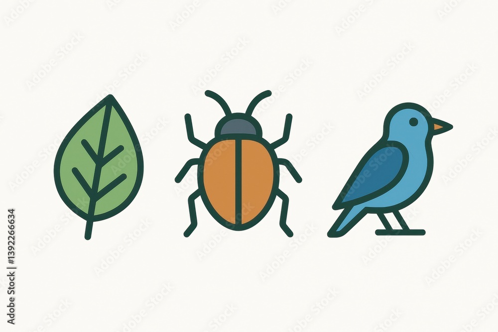 Minimalist nature icon set featuring leaf, insect, and bird illustrations Minimalist nature icon set featuring leaf, insect, and bird illustrations
