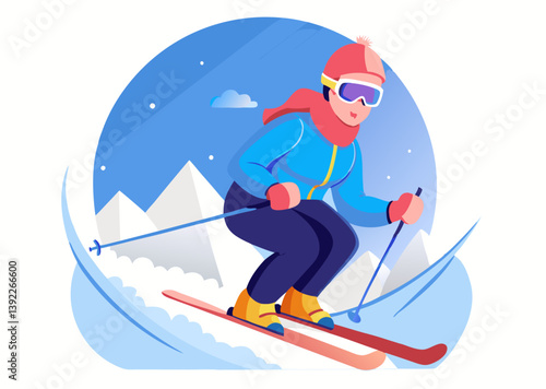A person  skiing down a slope image. Cartoon style. Vector illustration.