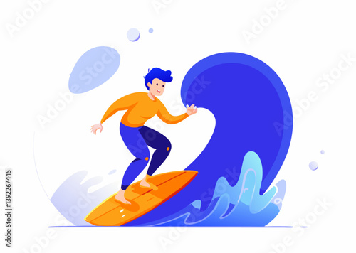 A person surfing on a wave image. Cartoon style. Vector illustration.