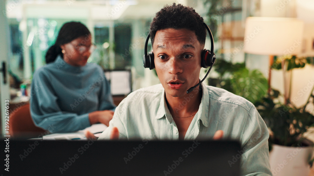 Call center, laptop and surprise with man in office for assistance, consulting or help. Contact us, customer service and support with virtual assistant in workplace for alert or notification Call center, laptop and surprise with man in office for assistance, consulting or help. Contact us, customer service and support with virtual assistant in workplace for alert or notification