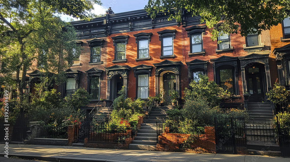 Fototapeta premium Row of charming residential homes with unique facades and lush greenery