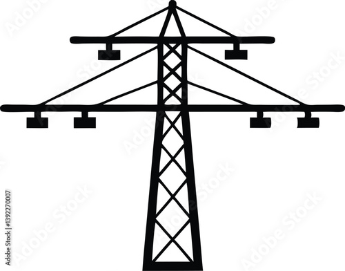 High Voltage Power Lines Electricity Pylon Tower Isolated Vector Illustration Artwork, pylon, electricity pylon, electricity, power, high voltage, tower, vector, illustration, silhouette, transmission
