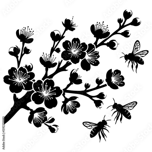 Black and white silhouette of a cherry blossom branch and a bee on a white isolated background. Vector graphics. EPS.