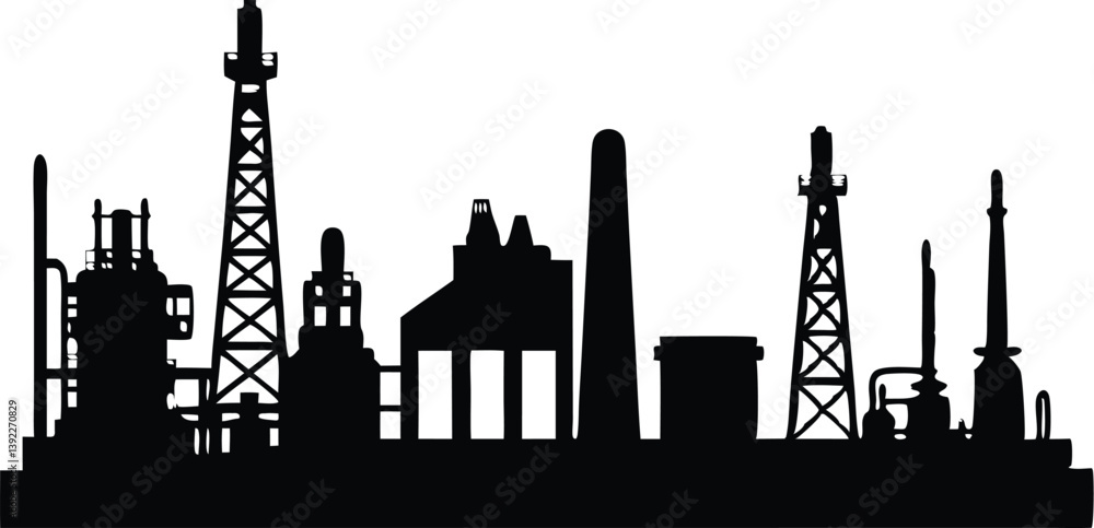 Obraz premium Industrial Plant Silhouette Showing Oil Refinery And Chemical Production Facility, industry, industrial, plant, silhouette, refinery, oil, chemical, factory, energy, production, manufacturing, tower