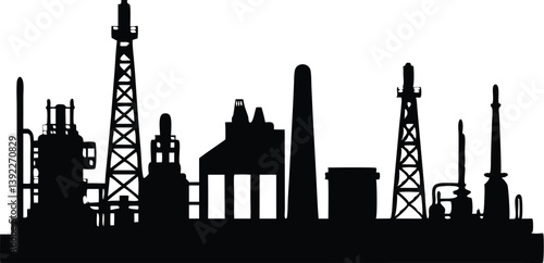 Industrial Plant Silhouette Showing Oil Refinery And Chemical Production Facility, industry, industrial, plant, silhouette, refinery, oil, chemical, factory, energy, production, manufacturing, tower