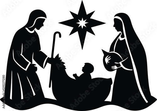 Nativity Scene Silhouette Of Mary Joseph And Baby Jesus, nativity scene, christmas, silhouette, mary, joseph, jesus, baby jesus, manger, star, bethlehem, religious, christian, holiday, christmastime