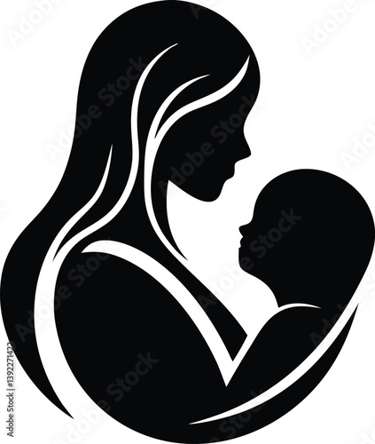 Elegant Mother And Baby Silhouette Symbolizing Love And Care Black And White, mother, baby, love, silhouette, motherhood, child, family, care, parent, newborn, woman, hug, icon, symbol, graphic