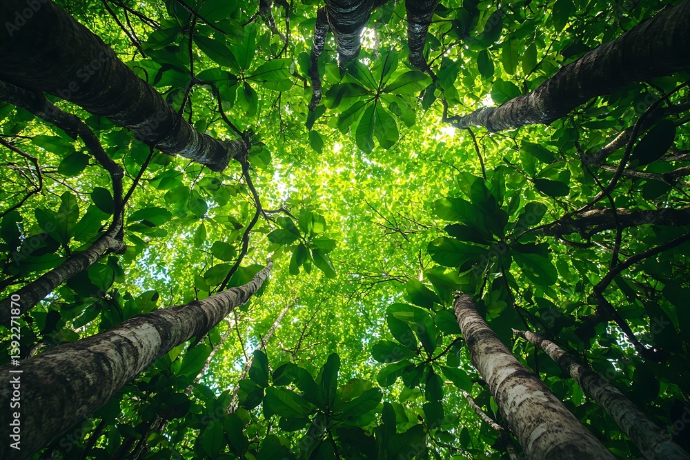 Fototapeta premium Forest Canopy View with Sunlight Filtering Through Green Leaves and Tall Tree Trunks
