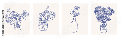 Various bouquets of flowers in vases. Minimalist hand drawn vector outline illustrations.