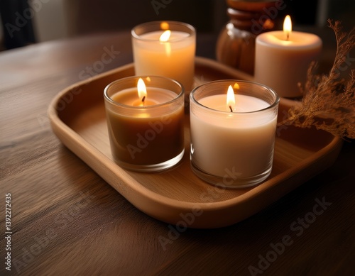 Wallpaper Mural Illuminating Tranquility: A serene arrangement of lit candles casts a warm, inviting glow, evoking a sense of peace and relaxation. Set upon a wooden tray. Torontodigital.ca