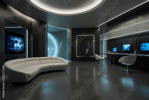 futuristic minimalistic office interior with LED lighting and modern furniture