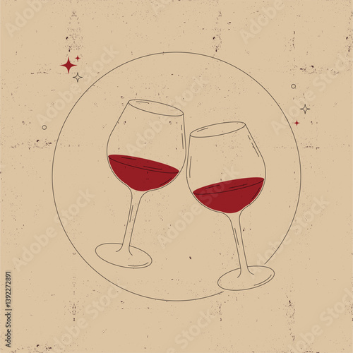 Vintage illustration of two clinking wine glasses in minimalist style. Retro romantic design perfect for invitations, packaging, bar menus, and Valentine's Day decor.

