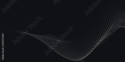 Abstract background with dynamic black and white wave. Futuristic dotted wave of bright particles on dark background. Weave effect. Background for presentation design. Wide format vector illustration.