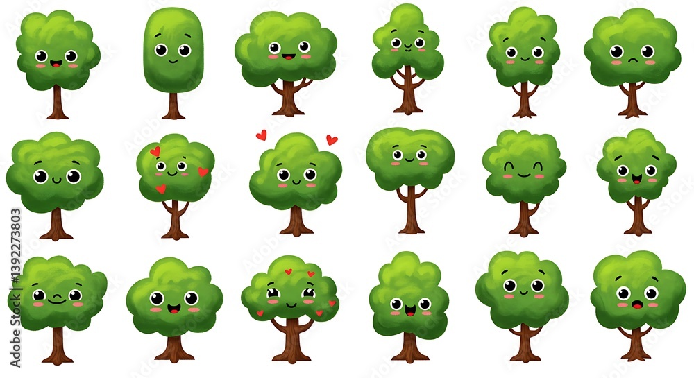 Obraz premium The Moods Of Trees A Forest Of Feelings Nature's Little Emotions Happy Tree Family Twenty Green Personalities Smiling Tree Friends Tree Expressions AI Generated