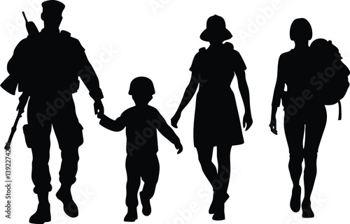Soldier Returning Home Silhouette With Family Reunion And Deployment Illustration, soldier, family, military, silhouette, return, home, deployment, reunion, war, vector, army, love, father, child