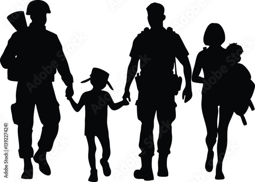 Silhouette Of A Military Family Walking Together Showing Support And Unity, silhouette, military, family, soldier, army, veteran, child, son, daughter, love, support, unity, war, homecoming, father