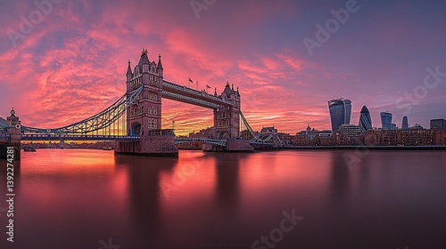 London Bridge sunrise, city skyline, pink sky, calm river, travel