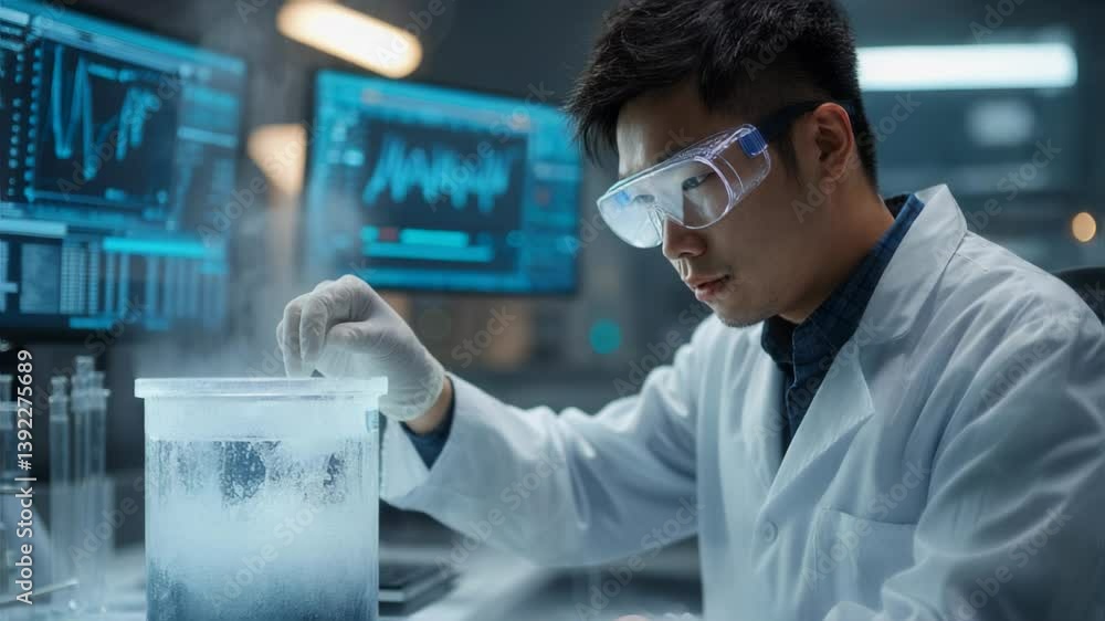 Scientist in Laboratory Conducting Experiment with Liquid Nitrogen, Wearing Safety Goggles and Lab Coat, Analyzing Data on Monitors. Scientist in Laboratory Conducting Experiment with Liquid Nitrogen, Wearing Safety Goggles and Lab Coat, Analyzing Data on Monitors.
