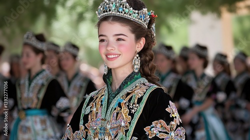 A young woman smiles radiantly while wea a beautiful ornate traditional Spanish festival dress and crown.