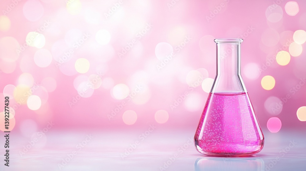 A single Erlenmeyer flask contains a vibrant pink liquid with sparkles against a bokeh background. A single Erlenmeyer flask contains a vibrant pink liquid with sparkles against a bokeh background.