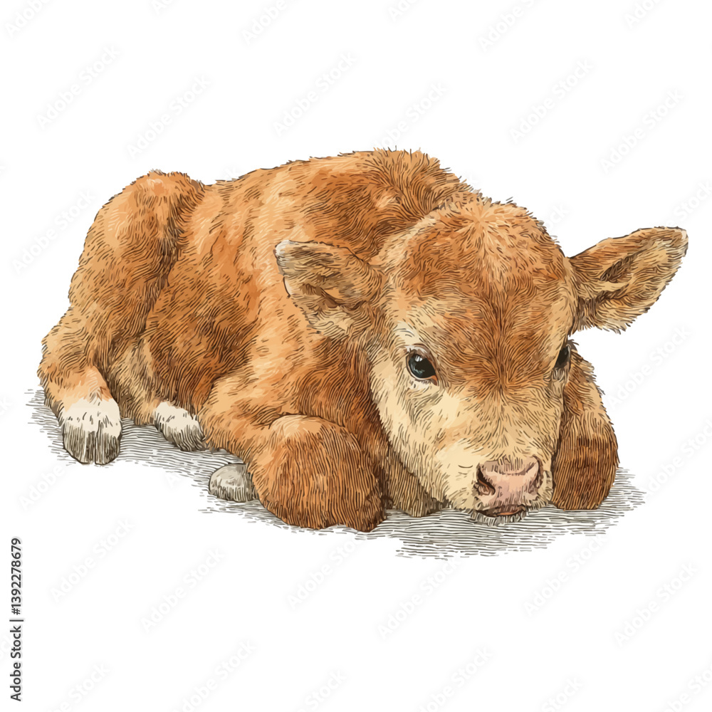 Cozy Calf: This charming illustration depicts a brown calf, resting comfortably. The detail of its fur and its calm expression convey a feeling of peace and comfort. Cozy Calf: This charming illustration depicts a brown calf, resting comfortably. The detail of its fur and its calm expression convey a feeling of peace and comfort.