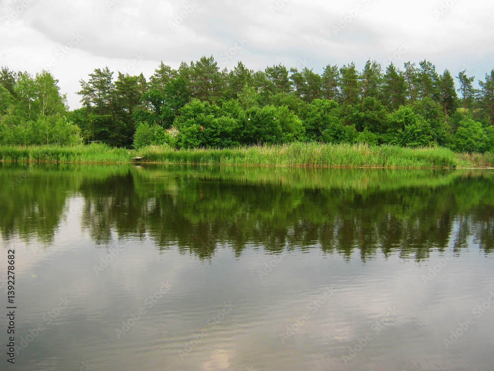 Serene lake reflecting lush green trees under a cloudy sky. Perfect peaceful nature scene. Serene lake reflecting lush green trees under a cloudy sky. Perfect peaceful nature scene.