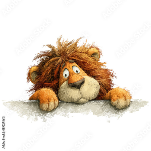 Friendly Lion: A charming illustration of a whimsical lion peering over an invisible surface, displaying a range of emotions. Evoking playfulness and empathy.