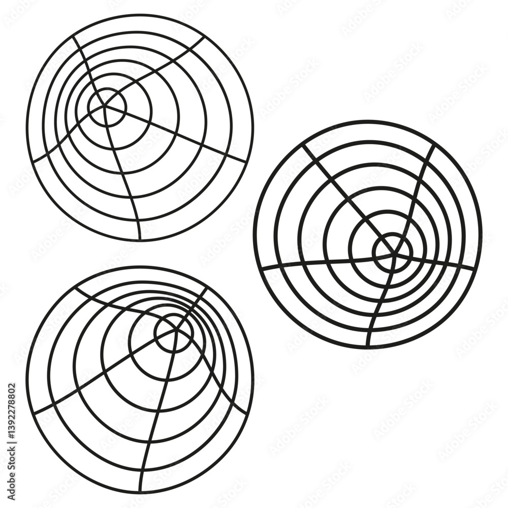 Concentric circle icon. Abstract grid shape. Black lined structure. Geometric optical form.