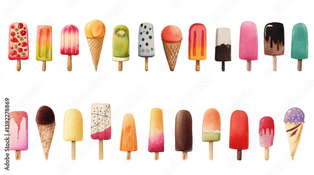 Cool Treats Array: A vibrant and delicious array of colorful ice cream treats, capturing the essence of summer with refreshing popsicles and creamy cones, perfect for evoking joyful memories Cool Treats Array: A vibrant and delicious array of colorful ice cream treats, capturing the essence of summer with refreshing popsicles and creamy cones, perfect for evoking joyful memories