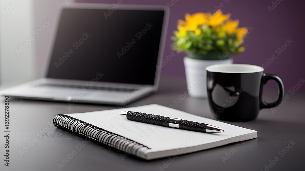 Fototapeta premium Laptop, flowers, and a notebook on a desk. Work from home setup. Simple, clean workspace