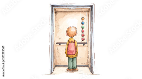 Elevator Ride: A young person stands patiently in an elevator, looking at the buttons, poised for an upward journey.