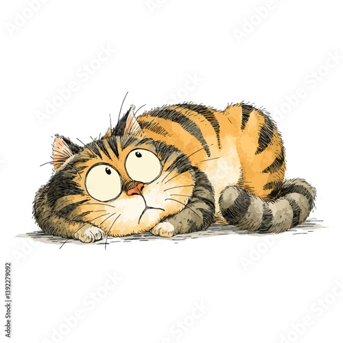 Playful feline whimsy: A cartoon cat lies down, its big eyes wide with astonishment or curiosity. The drawing technique is reminiscent of a classic animated style.