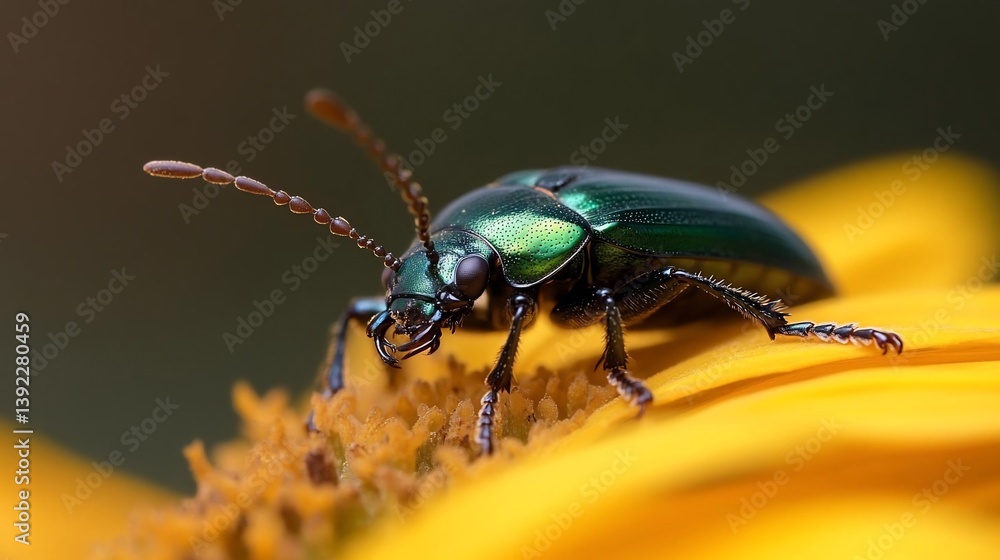Close-up of a metallic green beetle on a yellow flower. The beetle's iridescent shell and delicate antennae are sharply in focus against the blurred yellow petals Close-up of a metallic green beetle on a yellow flower. The beetle's iridescent shell and delicate antennae are sharply in focus against the blurred yellow petals