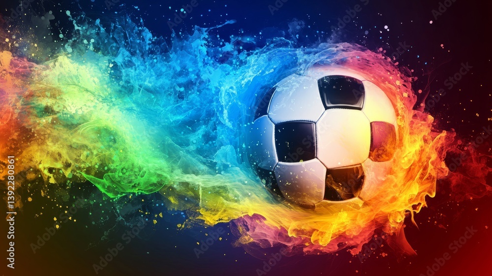 Naklejka premium Dynamic colorful abstract background featuring soccer ball motion, vibrant paint splashes, and energetic patterns ideal for football posters, sports promotions, and athletic-themed designs