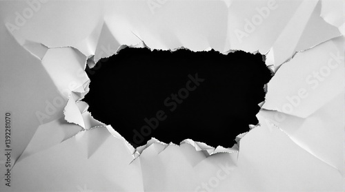 Ripped paper hole revealing black center concept representing breakthrough, opportunity, background transition, or hidden potential