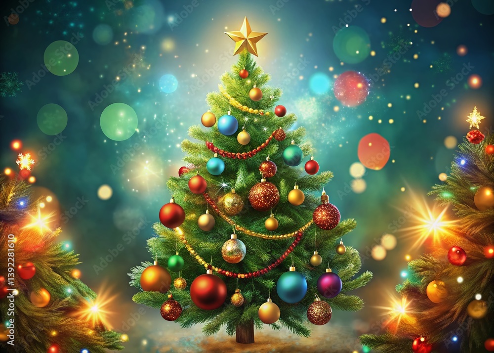 Festive Christmas Tree Set with Bokeh Lights - Holiday Decoration Stock Photo Festive Christmas Tree Set with Bokeh Lights - Holiday Decoration Stock Photo