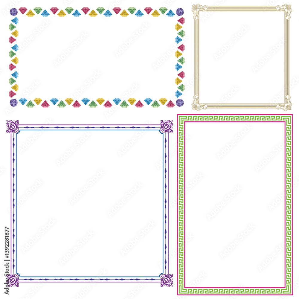 Decorative border frame. Classic corner lines. Vector colorful border. Geometric outlined element.
