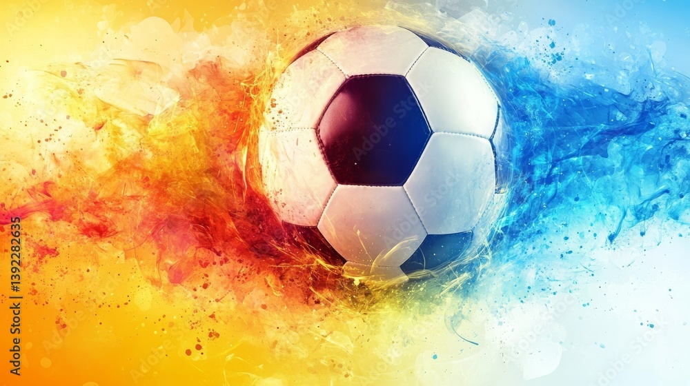 Fototapeta premium Dynamic colorful abstract background featuring soccer ball motion, vibrant paint splashes, and energetic patterns ideal for football posters, sports promotions, and athletic-themed designs