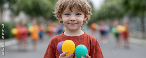 Happy child holding colorful plastic eggs in a vibrant outdoor setting surrounded by blurred playmates celebrating spring festival