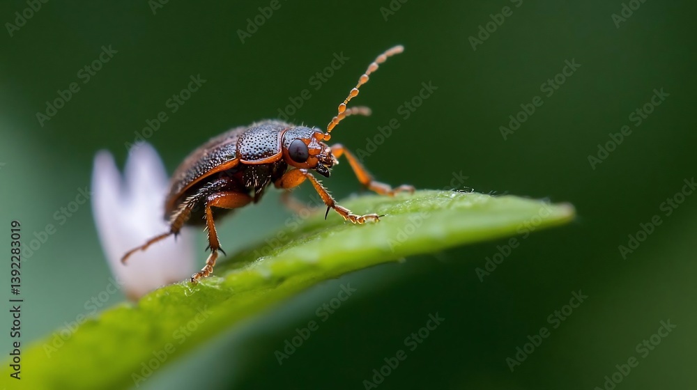 Close-up of a small, dark-colored beetle with orange accents on a vibrant green leaf against a blurred green background. The beetle's details are sharply in focus Close-up of a small, dark-colored beetle with orange accents on a vibrant green leaf against a blurred green background. The beetle's details are sharply in focus